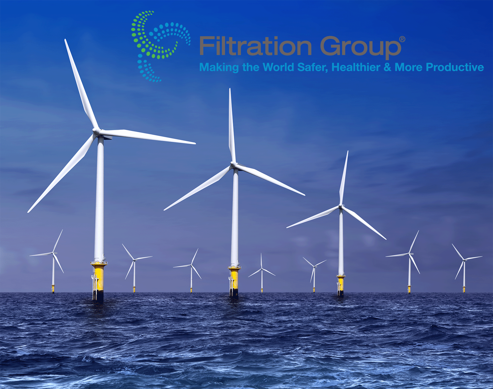 Filtration Group Global Expansion and Environmental Impact – Digital Marketing Case Study Wind turbines using rugged enclosure filters in the ocean representing Filtration Group's global expansion and environmental impact