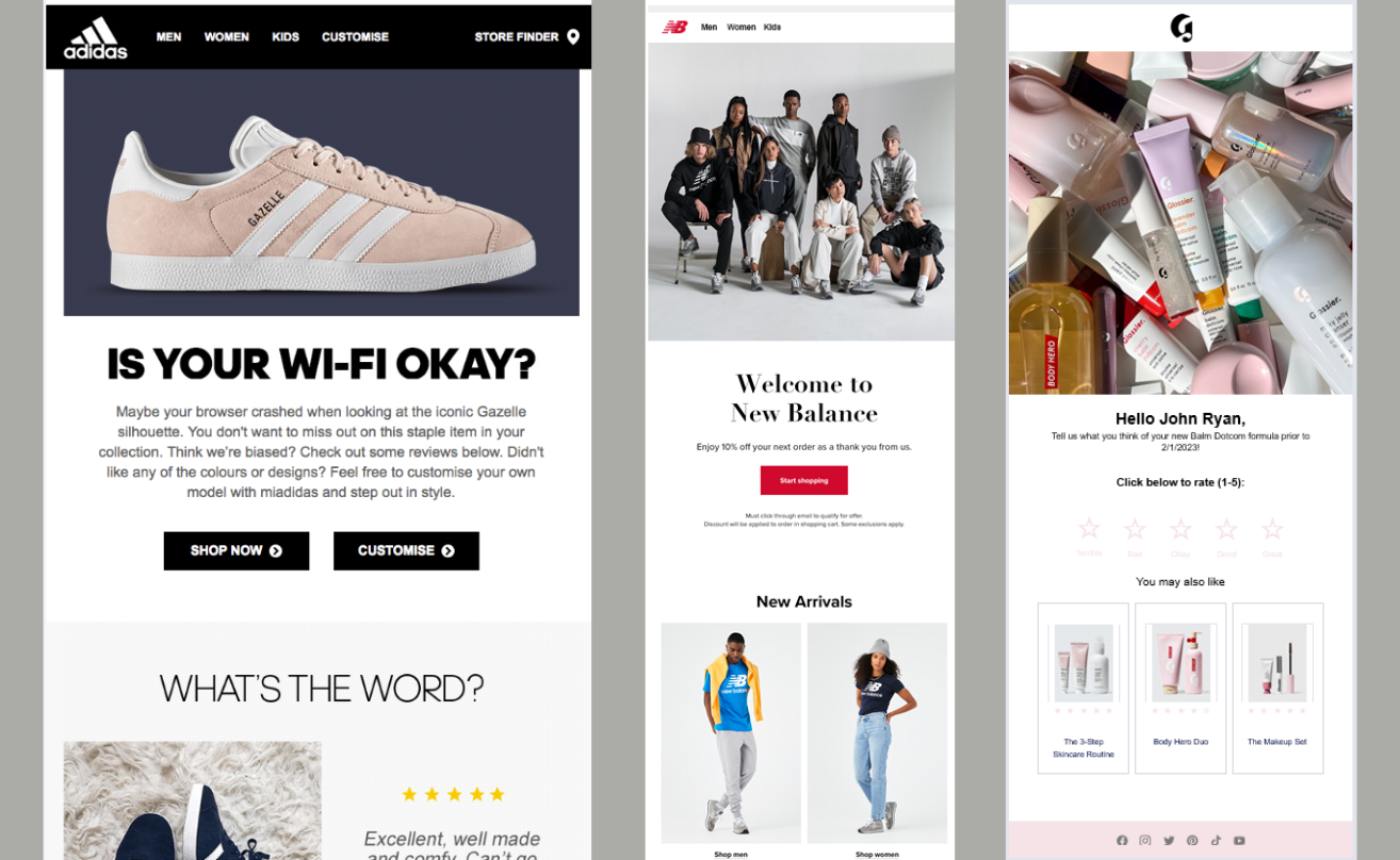 Email Flow Examples from Adidas, New Balance, and Glossier Examples of email flows from Adidas, New Balance, and Glossier showcasing personalized messages and incentives