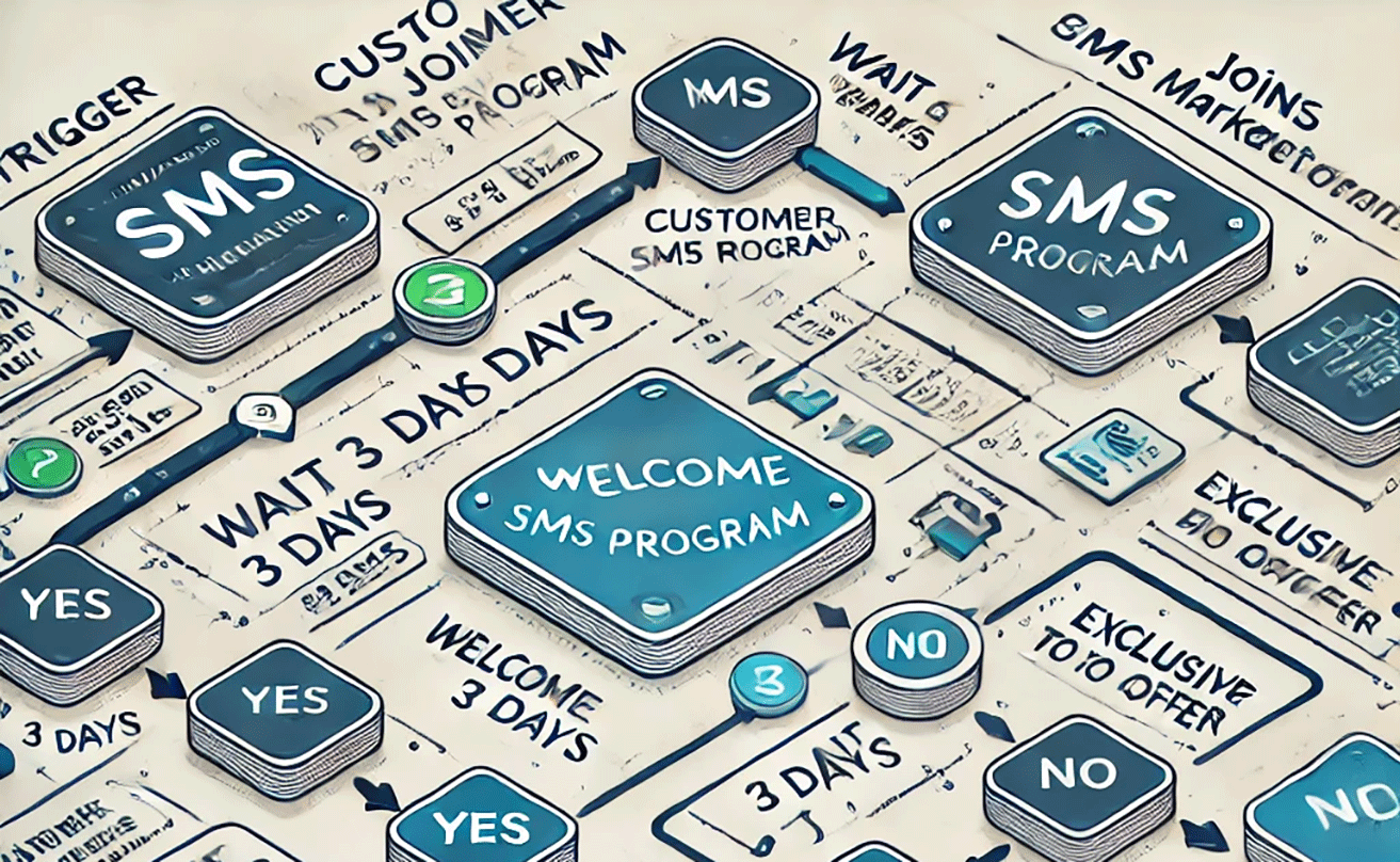 Example of SMS Marketing Flow for VIP Program Engagement Illustration of an SMS marketing flow with triggers, time delays, and conditional paths for a VIP program.